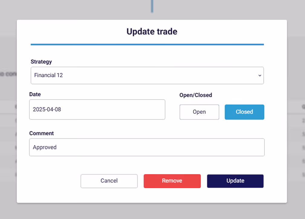 Update trade form with fields for Strategy set to Financial 12, Date set to 2025-04-08, Open/Closed status with Closed selected, and a Comment field containing 'Approved', along with Cancel, Remove, and Update buttons.