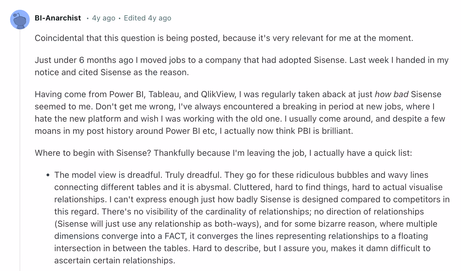Astrato vs Sisense - Reddit user comment