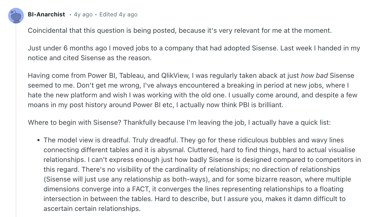 Astrato vs Sisense - Reddit user comment