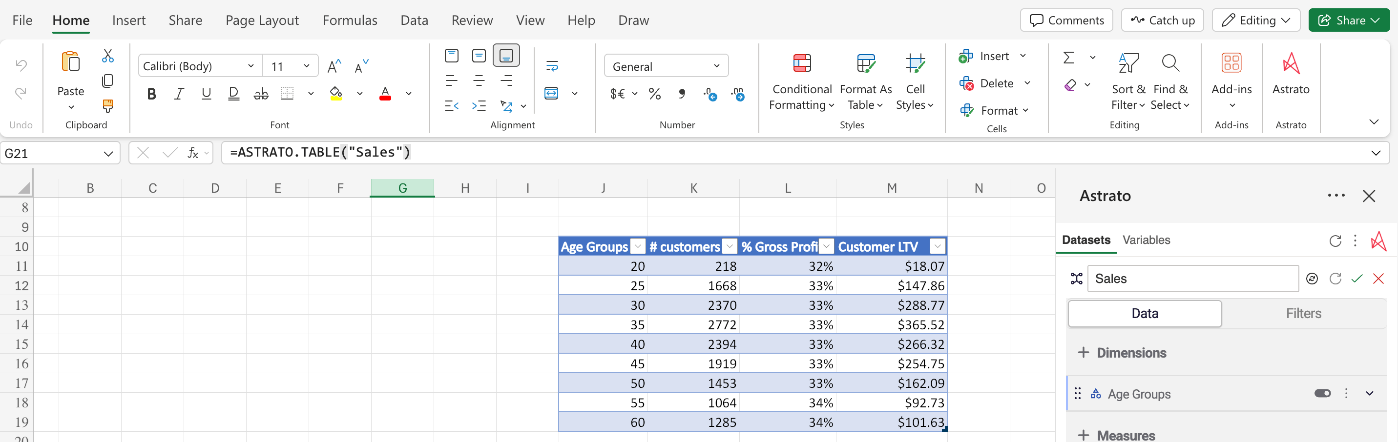 connect Snowflake to Excel - Astrato Excel Add-in - Sales formula