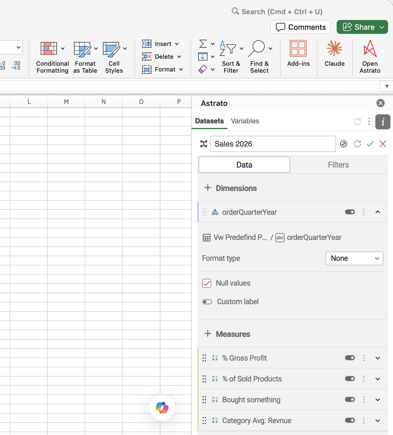 RevOps Excel live data - Astrato Excell Add-in - picking dimensions and metrics