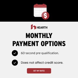 Hearth monthly payment options with 60-second pre-qualification and no credit score impact, featuring a calendar and dollar icon.