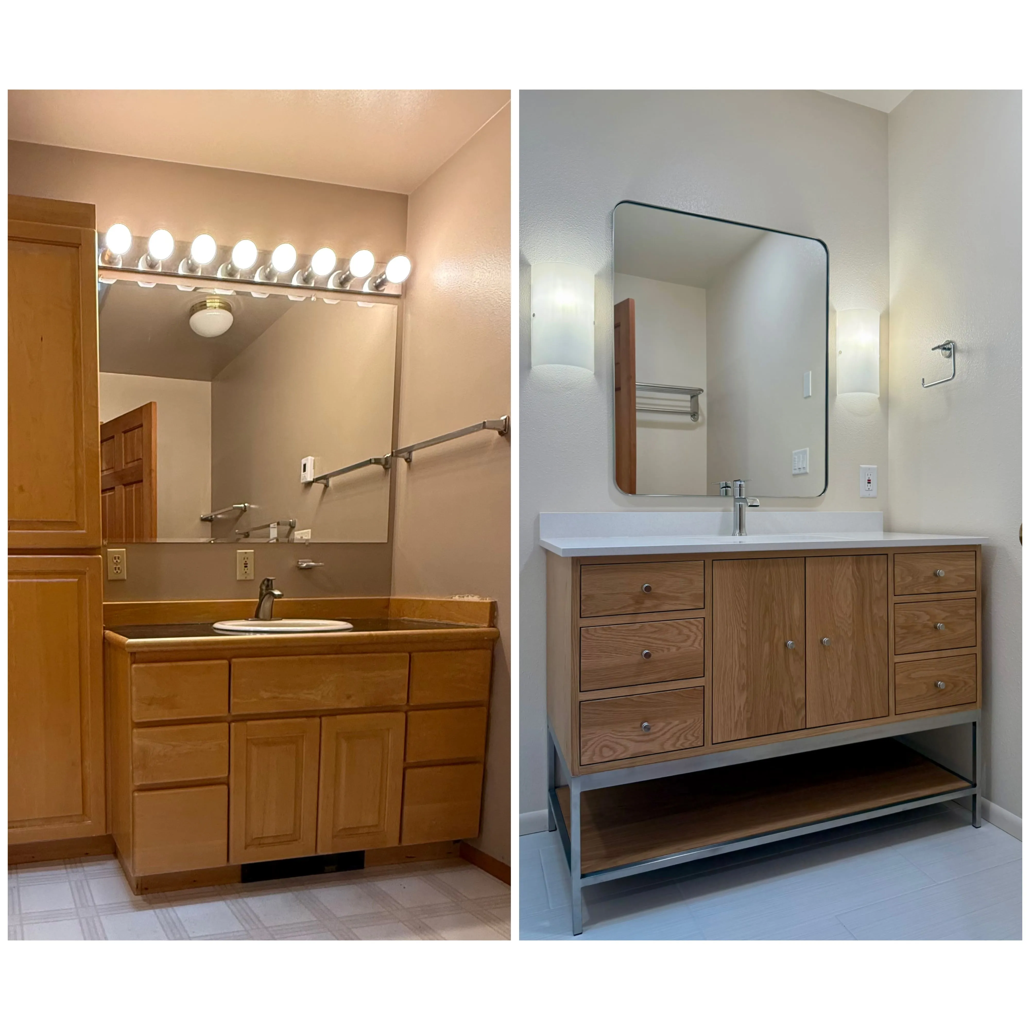 Side-by-side comparison of two bathroom vanities; the left one has a brown countertop and multiple lightbulbs above the mirror, while the right one has a white countertop, a modern rectangular mirror, and two wall sconces.
