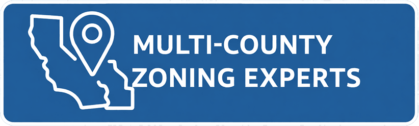 Blue rectangular sign with white outline of California state and location pin icon next to the text 'MULTI-COUNTY ZONING EXPERTS'.