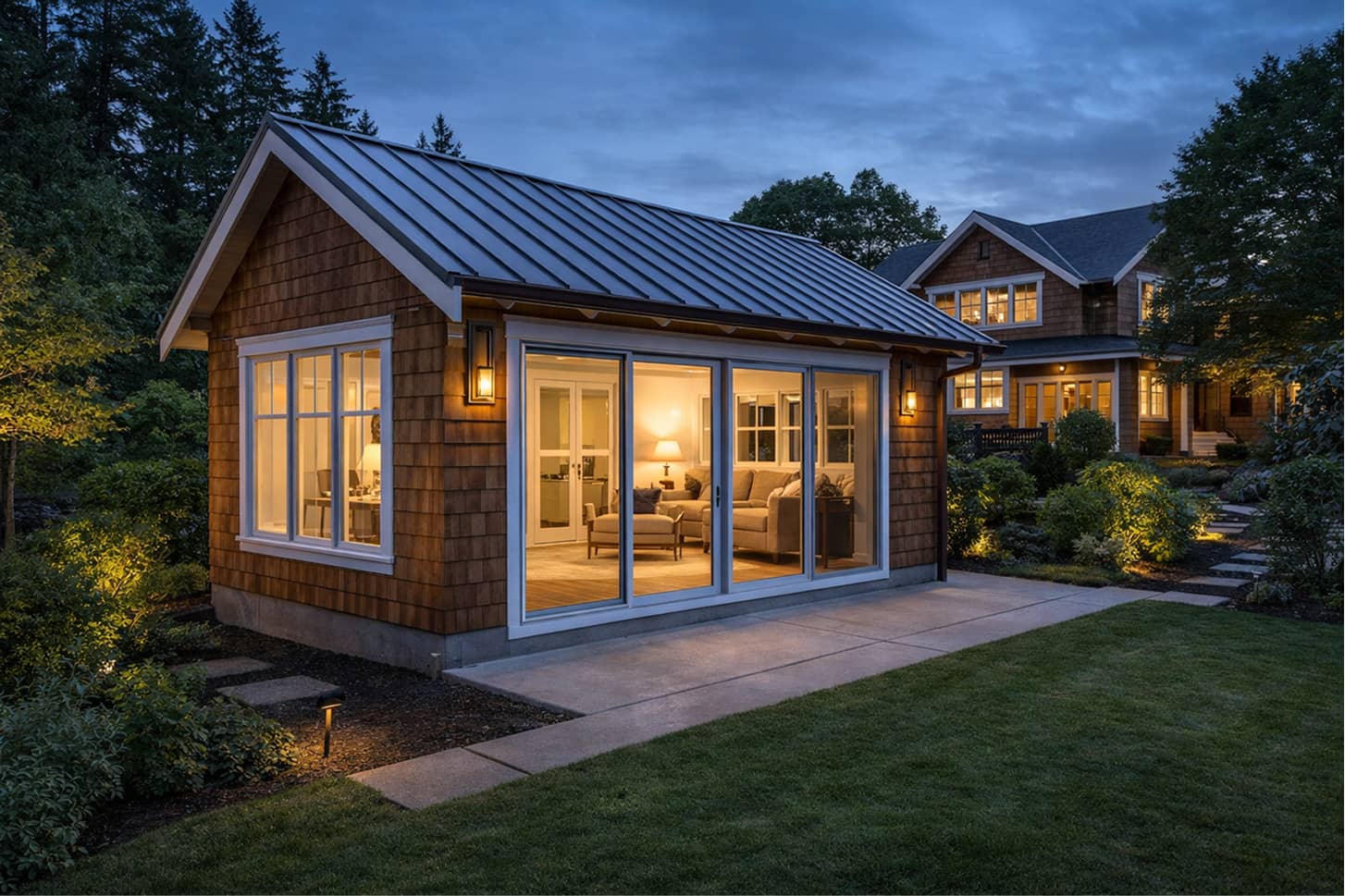 A small wooden guest house with large glass sliding doors and warm interior lighting, next to a larger house during twilight.