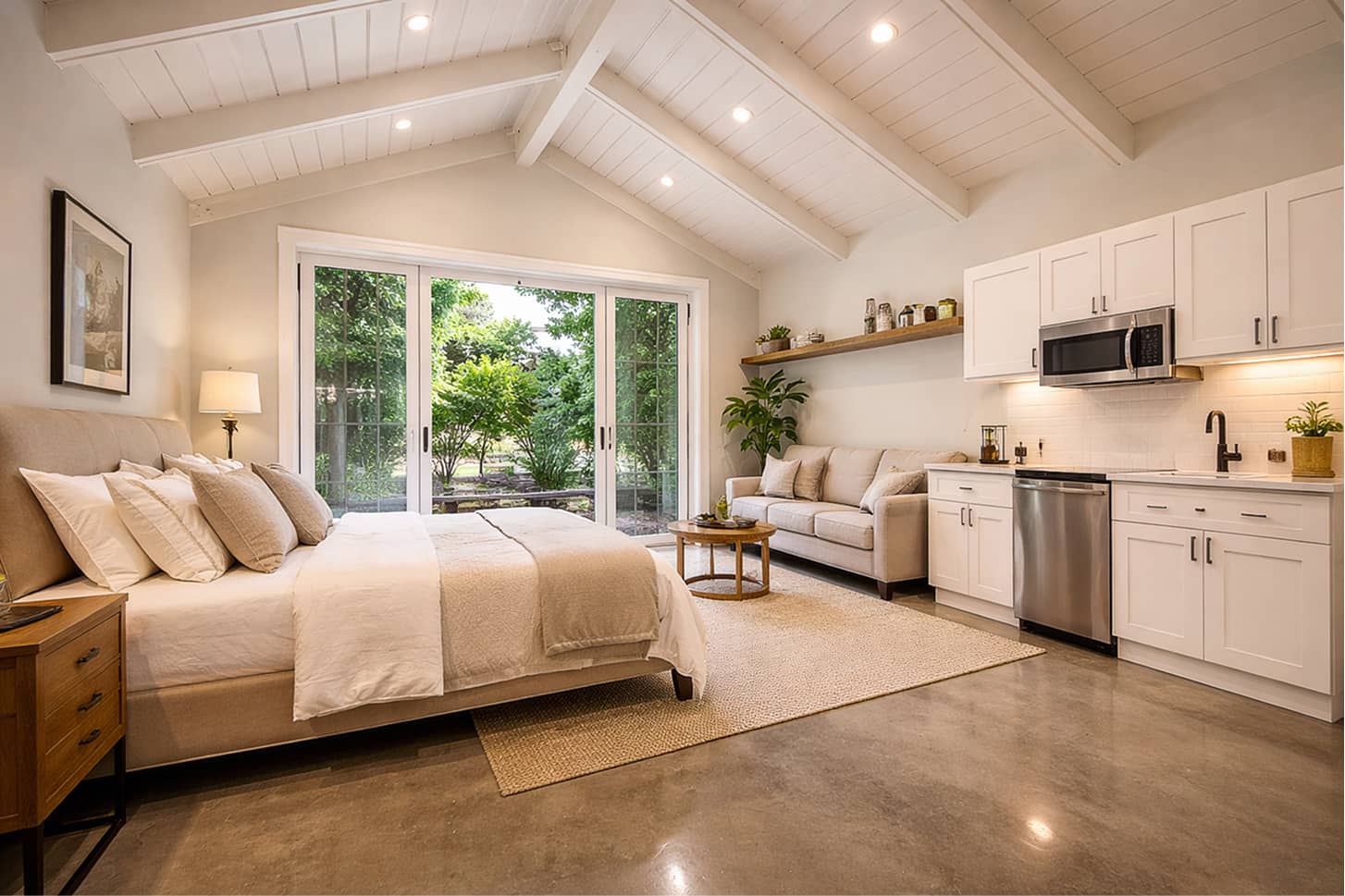 Modern studio room with beige bed, sofa, round wooden coffee table, and white kitchen cabinets under vaulted ceiling and large glass sliding doors showing greenery outside.