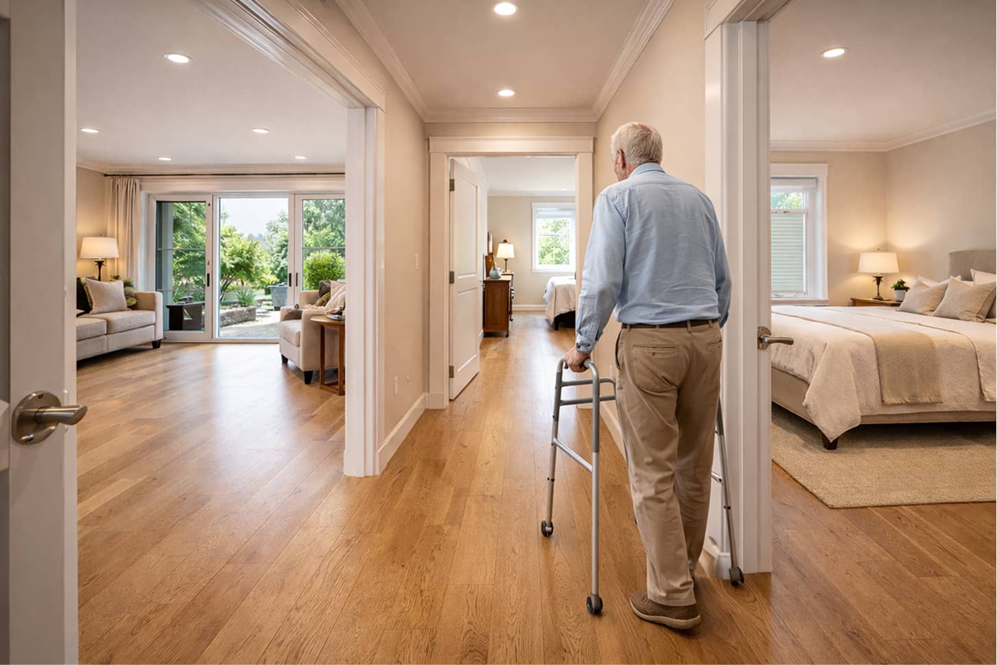 Elderly man using a walker walking down a hallway in a bright home with a living room on the left and a bedroom on the right.