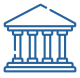 Blue icon of a classical building with columns and a triangular pediment.