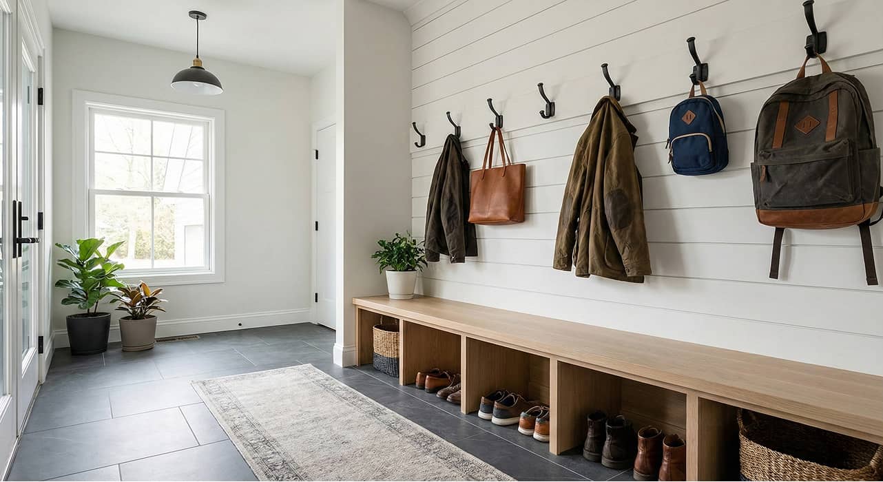 Elderly man using a walker walking down a hallway in a bright home with a living room on the left and a bedroom on the right.