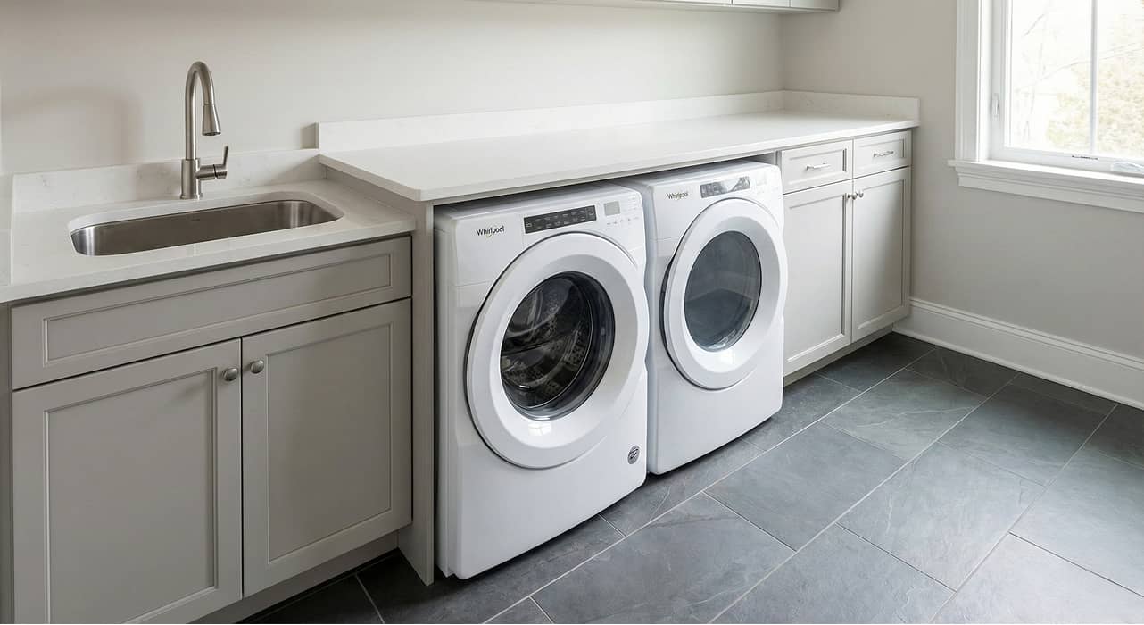 Elderly man using a walker walking down a hallway in a bright home with a living room on the left and a bedroom on the right.