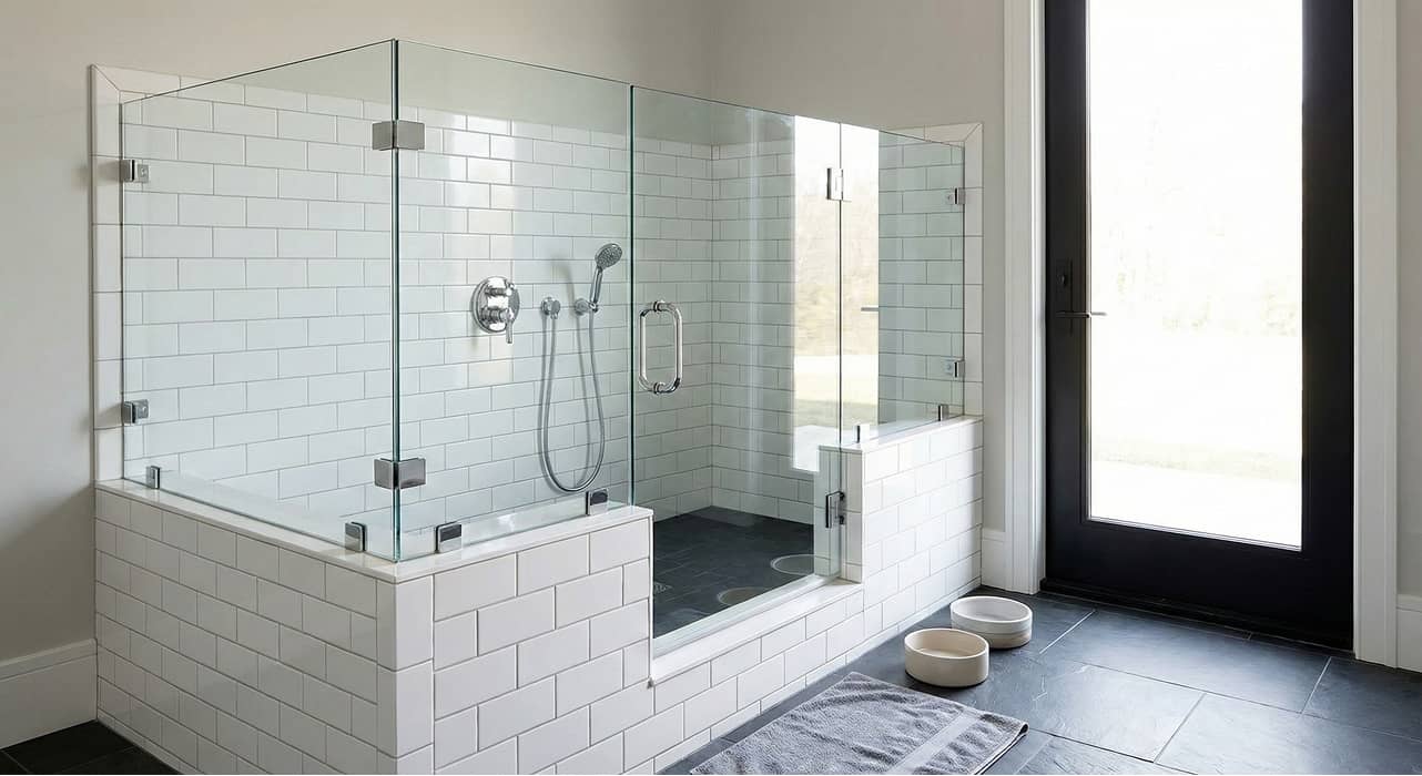 Elderly man using a walker walking down a hallway in a bright home with a living room on the left and a bedroom on the right.