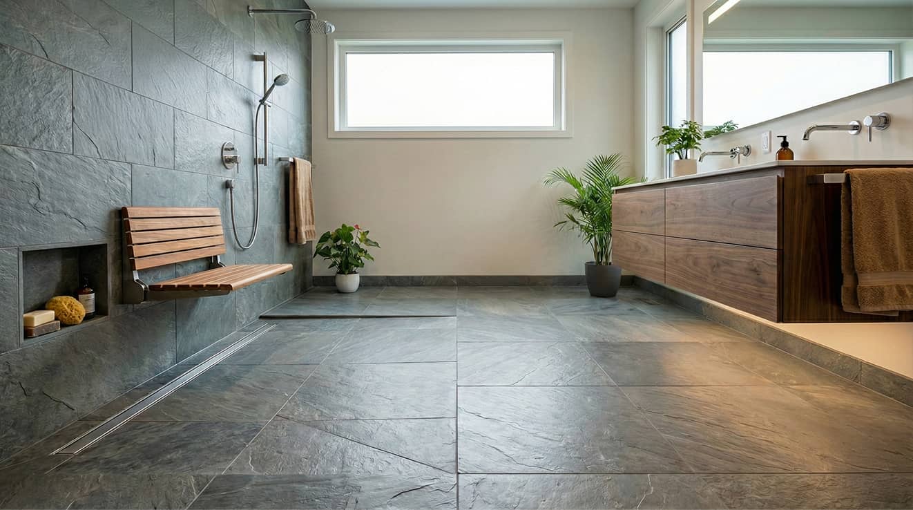 Elderly man using a walker walking down a hallway in a bright home with a living room on the left and a bedroom on the right.