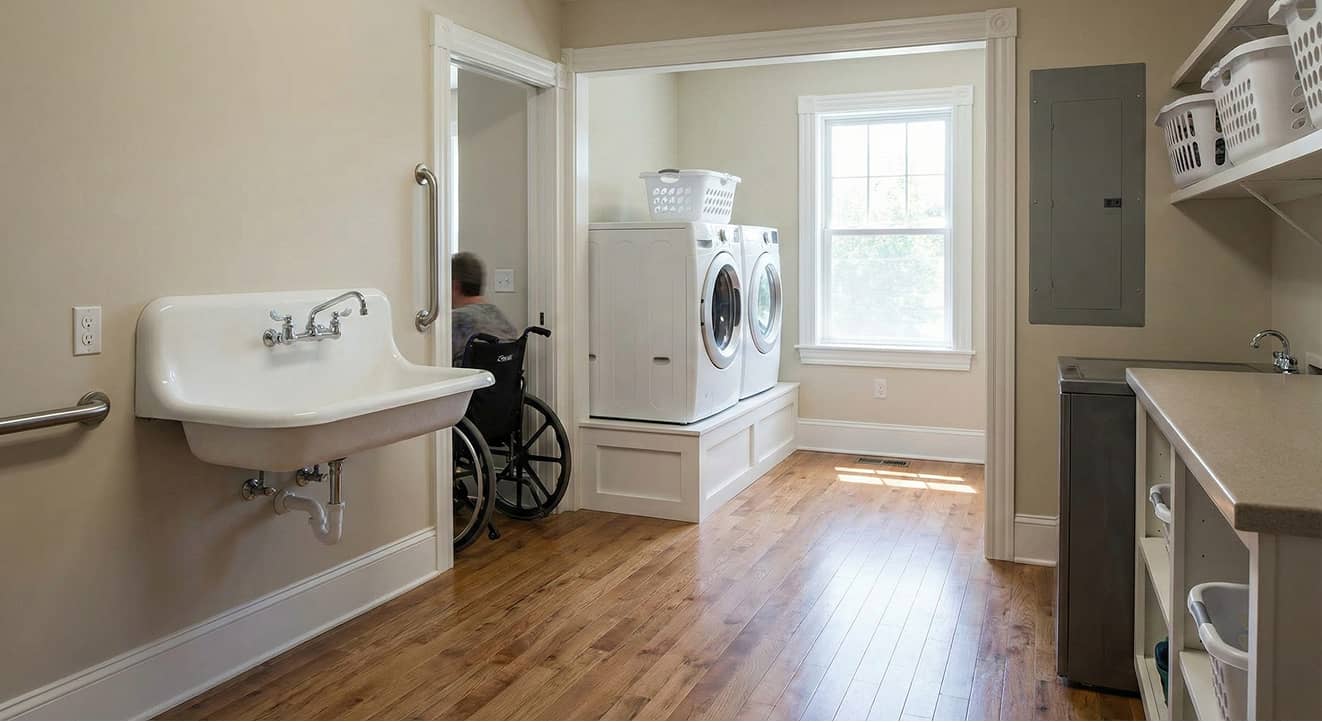 Elderly man using a walker walking down a hallway in a bright home with a living room on the left and a bedroom on the right.