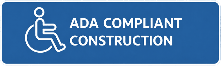 Blue sign with white wheelchair symbol and text reading 'ADA Compliant Construction'.