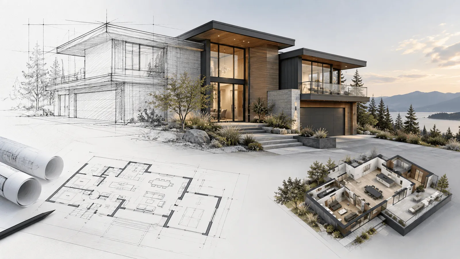 Architectural visualization of a Northwest contemporary custom home transitioning from sketch to realistic rendering.