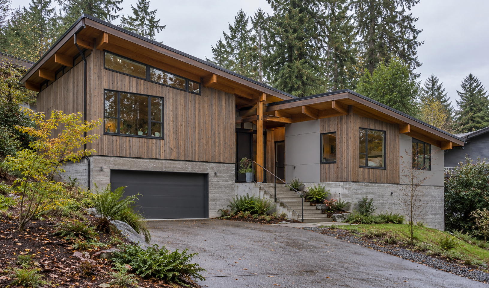 Architectural concept of a split-level Northwest modern home with offset roofs and timber cladding; not a completed NBE project.