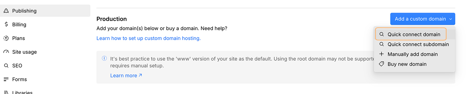 Ansicht Webflow Backend, wie man eine Domain dort verknüpft