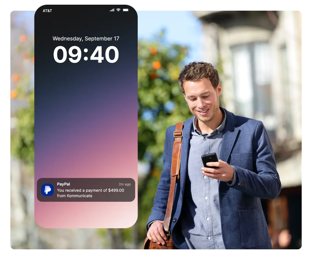 Affiliate checks referral dashboard on phone; sample payout notification on screen.