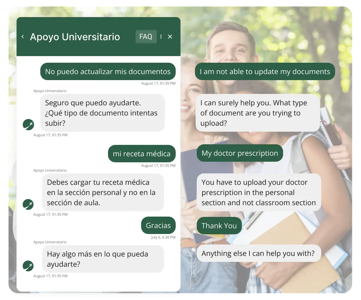 Example of Kommunicate university chatbot improving first response time with real-time Spanish and English answers for admissions and paperwork.