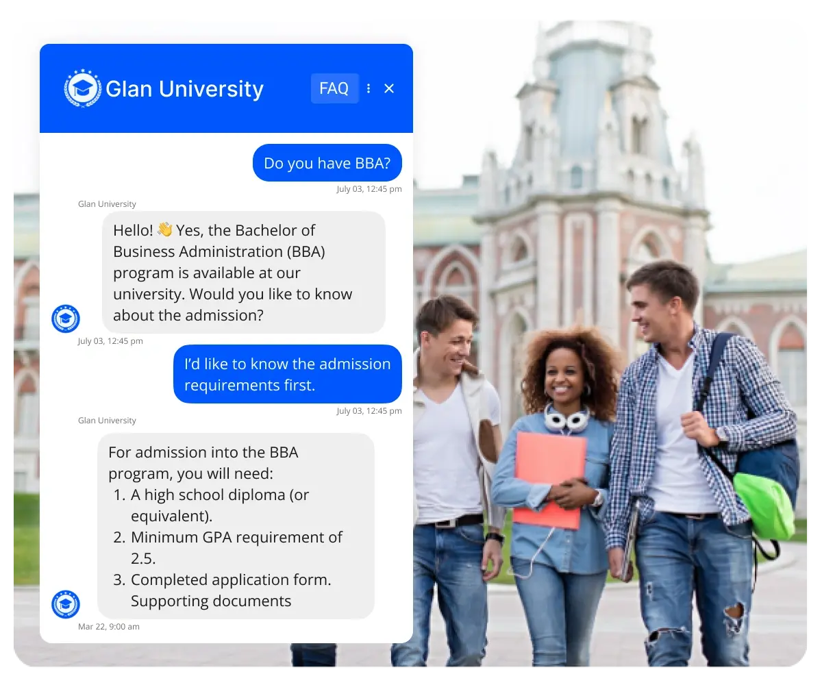 University support chat on a smartphone powered by Kommunicate, where the AI chatbot handles FAQs like deadlines for students.