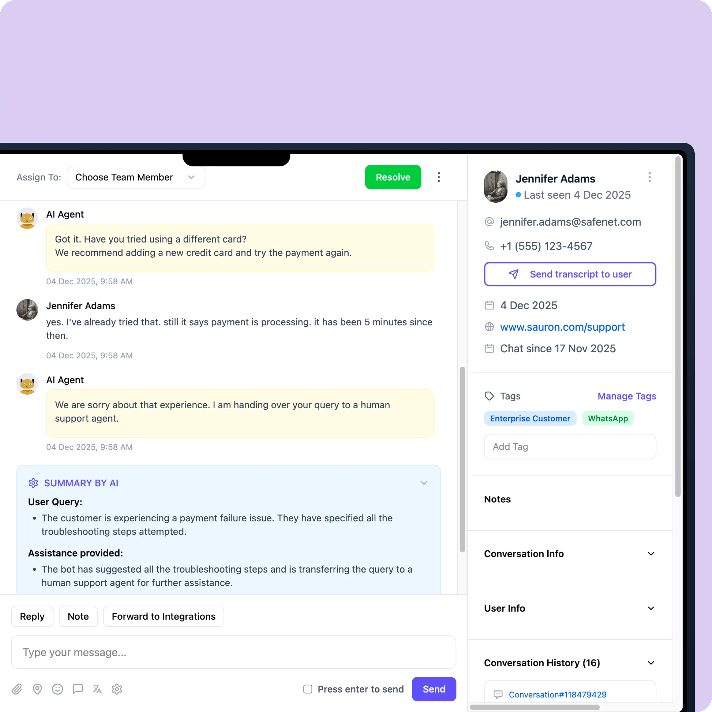Kommunicate customer support dashboard showing an AI Agent chat with Jennifer Adams, an enterprise customer reporting a payment processing issue. The AI suggests troubleshooting steps before handing off to a human agent, with an AI-generated summary panel displaying the user query and assistance provided.
