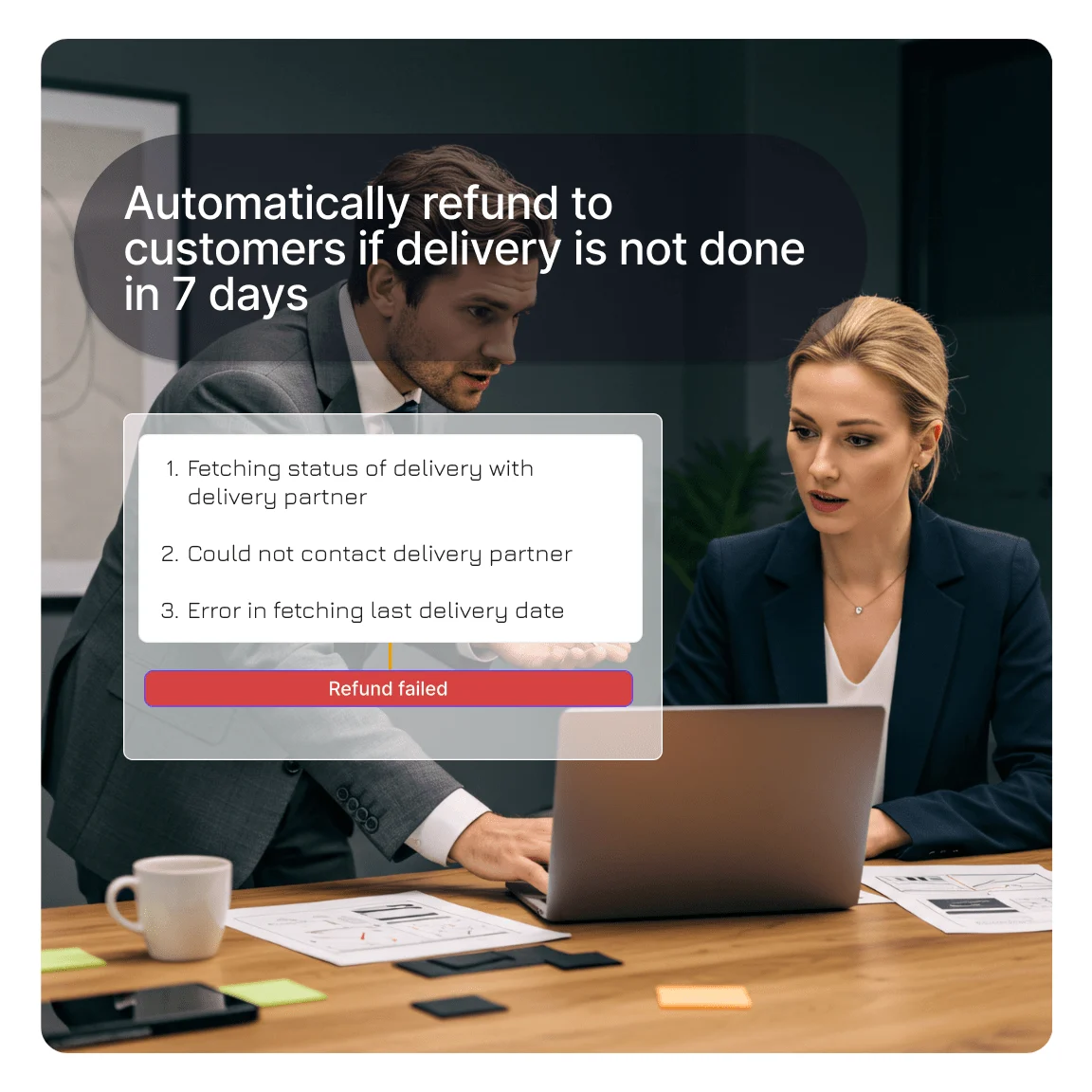 Two professionals reviewing a laptop screen with an overlay showing Kommunicate's AI automation attempting to process an automatic refund after a 7-day delivery failure — displaying steps of fetching delivery status, failing to contact the delivery partner, and a resulting 'Refund failed' error.