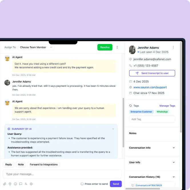 Kommunicate customer support dashboard showing an AI Agent chat with Jennifer Adams, an enterprise customer reporting a payment processing issue. The AI suggests troubleshooting steps before handing off to a human agent, with an AI-generated summary panel displaying the user query and assistance provided.