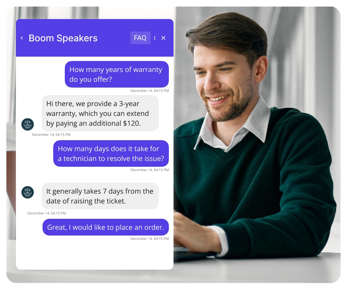 University support chat on a smartphone powered by Kommunicate, where the AI chatbot handles FAQs like deadlines for students.