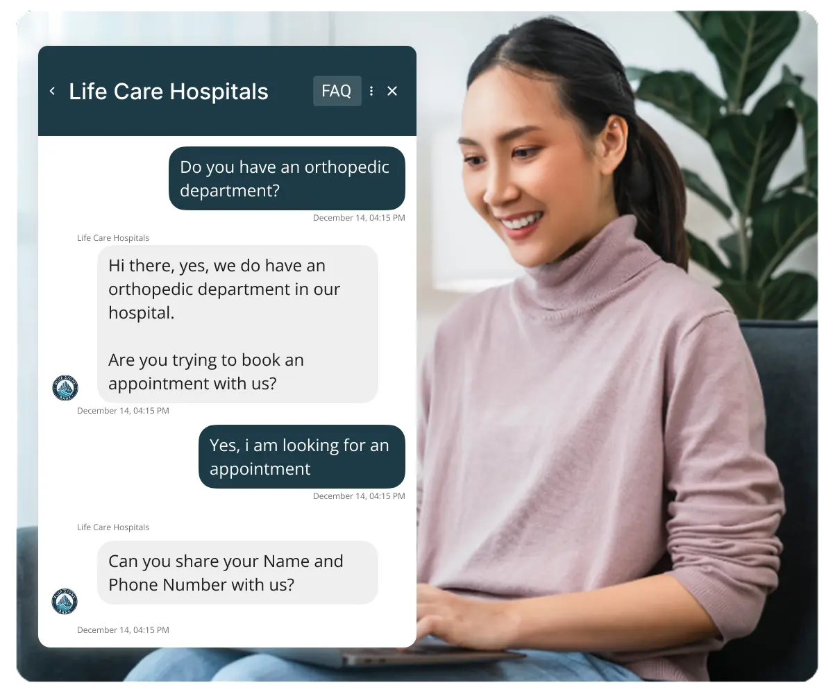 A healthcare chatbot interface from Life Care Hospitals showing a conversation where a user asks about an orthopedic department and books an appointment, while a woman sits on a couch using a laptop in the background.