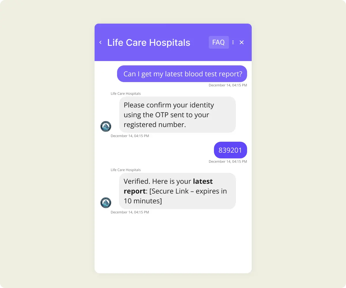 Chat interface from Life Care Hospitals where a user asks for their latest blood test report. The system requests identity verification via OTP, the user enters a code (839201), and the system confirms verification and provides a secure link to access the report that expires in 10 minutes.