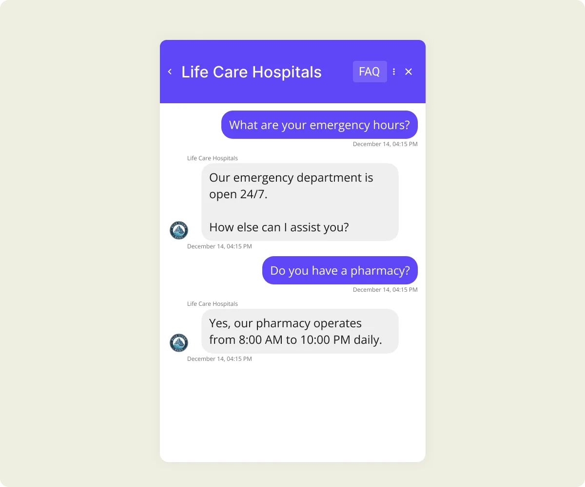 Chat interface from Life Care Hospitals where a user asks about emergency hours and pharmacy availability. The chatbot responds that the emergency department is open 24/7 and that the pharmacy operates daily from 8:00 AM to 10:00 PM.