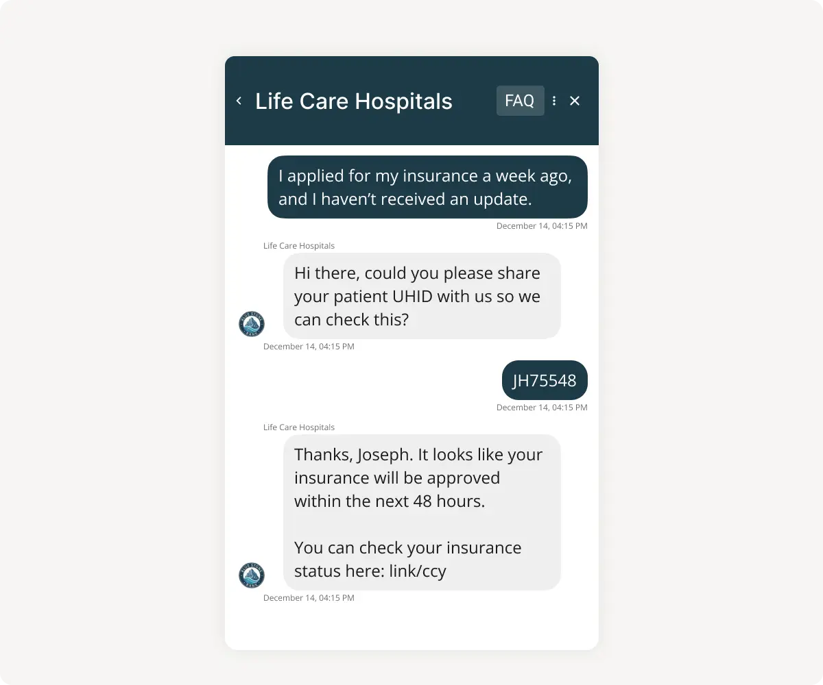 Screenshot of a hospital AI support chatbot conversation in the Life Care Hospitals chat interface. A patient asks about a delayed insurance update, the AI agent requests the patient UHID for verification, and then responds with an insurance approval update along with a link to check the insurance status online.