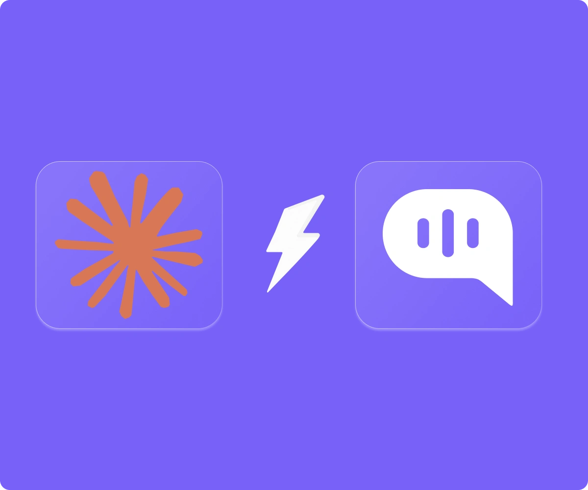 Illustration showing an integration between Claude AI and Kommunicate. The image features the Claude logo on the left, the Kommunicate chat logo on the right, and a lightning bolt icon in the center representing connection and automation.