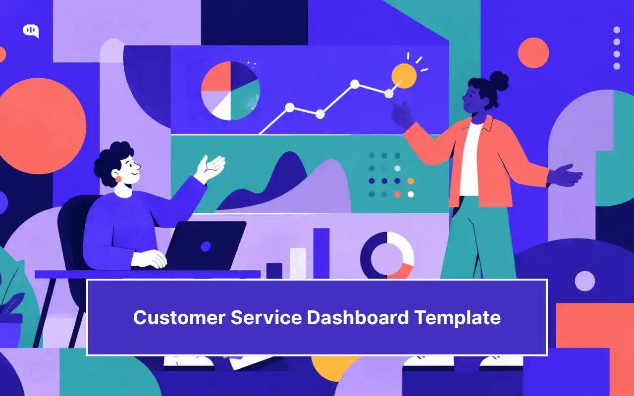 Flat illustration of two support professionals analyzing dashboard charts, graphs, and customer service metrics, with the title “Customer Service Dashboard Template” displayed in the foreground.
