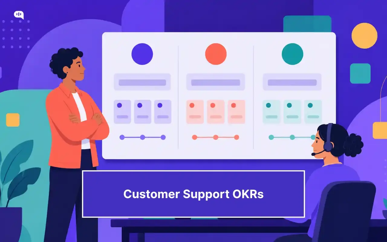 Illustration of a support manager and a customer service agent reviewing a structured OKR dashboard on a large screen, divided into three color-coded objective columns with key results and progress indicators.