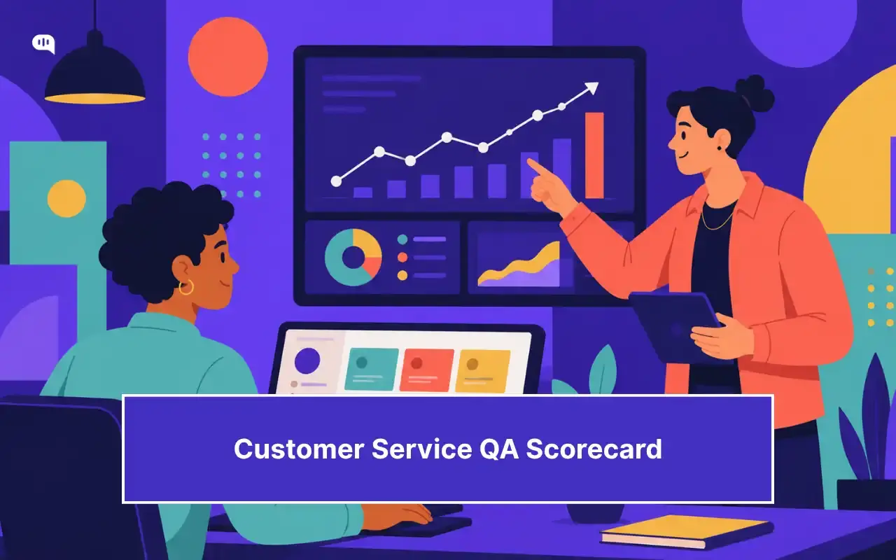 Illustration of a support manager presenting QA performance metrics on a large dashboard screen to a team member, with charts showing an upward trend, a donut chart, and a color-coded scorecard on a laptop in the foreground.