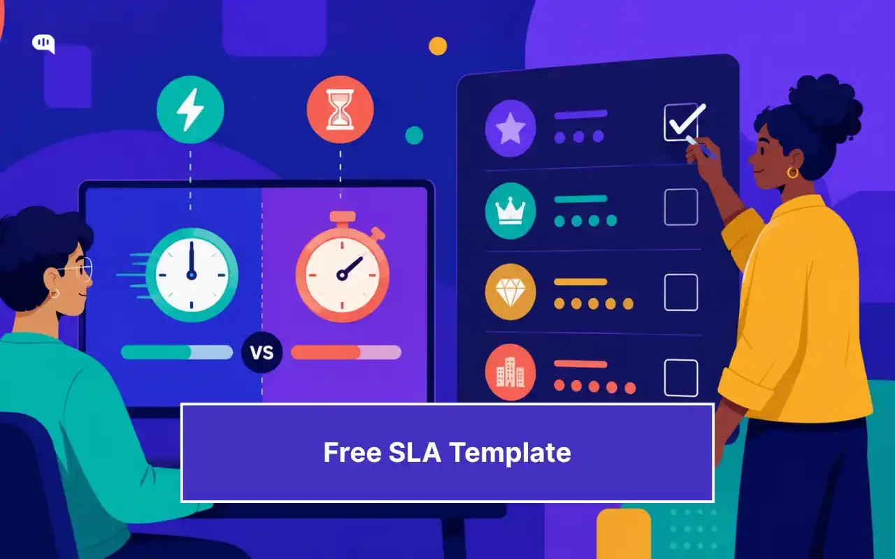 Two support managers comparing SLA response time targets and setting tiered service levels, illustrating a free customer support SLA template.
