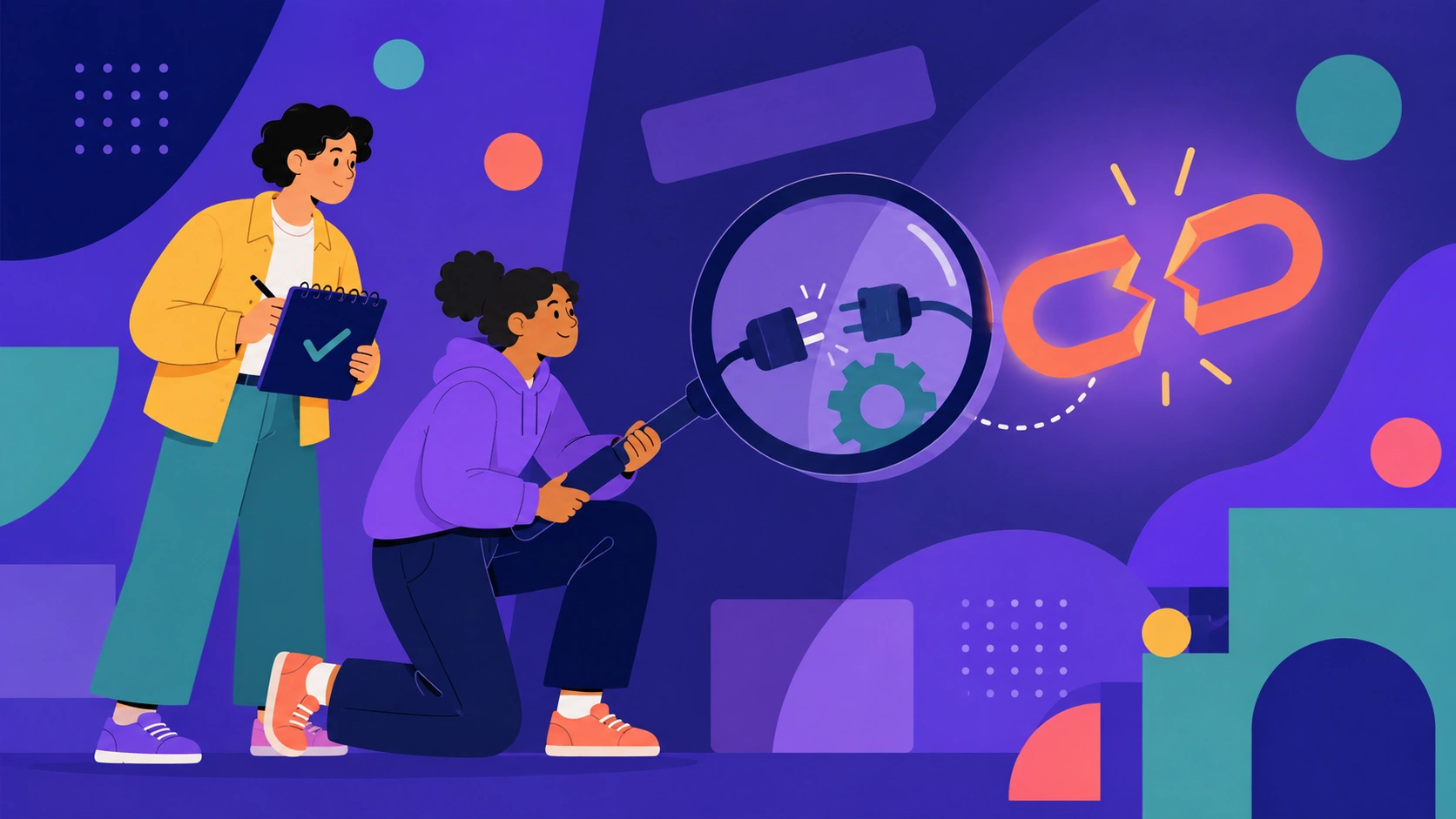 Two professionals investigate the root cause of a support issue, with one using a magnifying glass to reveal a disconnected plug and gear hidden behind a broken-link icon, symbolizing problem diagnosis before troubleshooting.