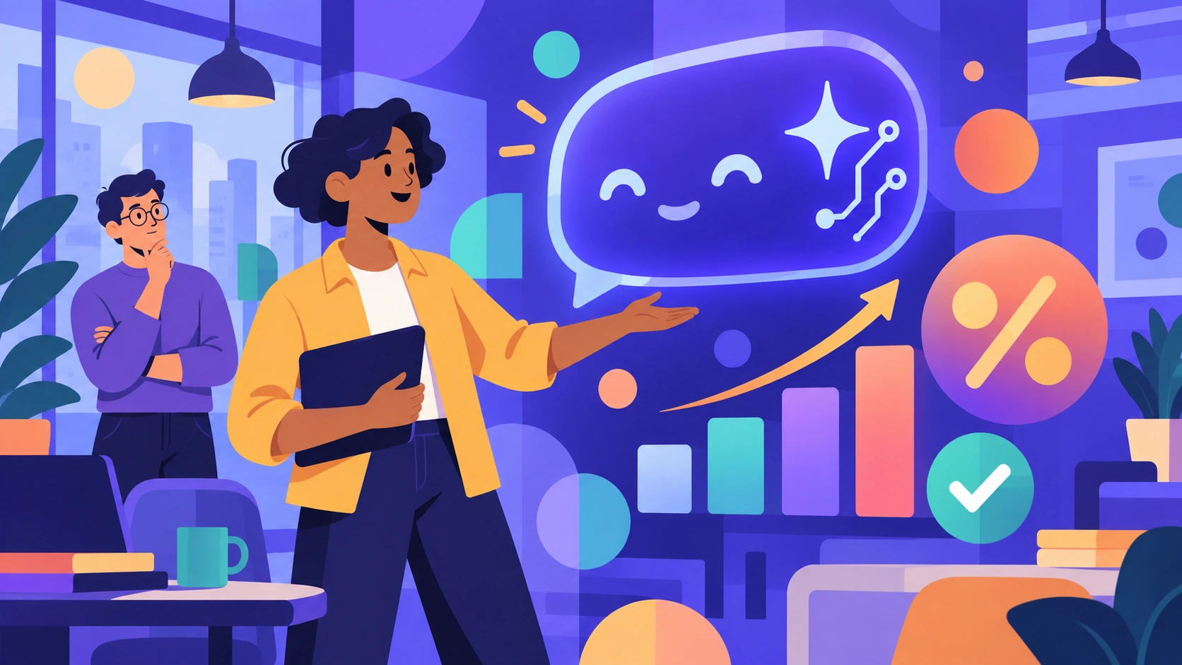 Illustration of a professional presenting measurable AI agent performance with a chat assistant, rising bar chart, percentage symbol, upward arrow, and checkmark, while a colleague evaluates the results.