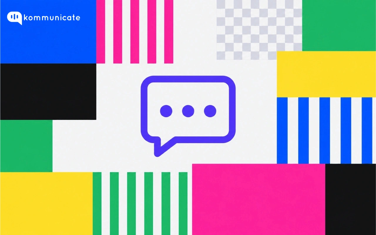 Flat-vector cover graphic for Kommunicate's 'What is a Chatbox?' article, showing a chat-bubble icon in indigo surrounded by a mosaic of blue, pink, green, yellow, and black color blocks and stripes.