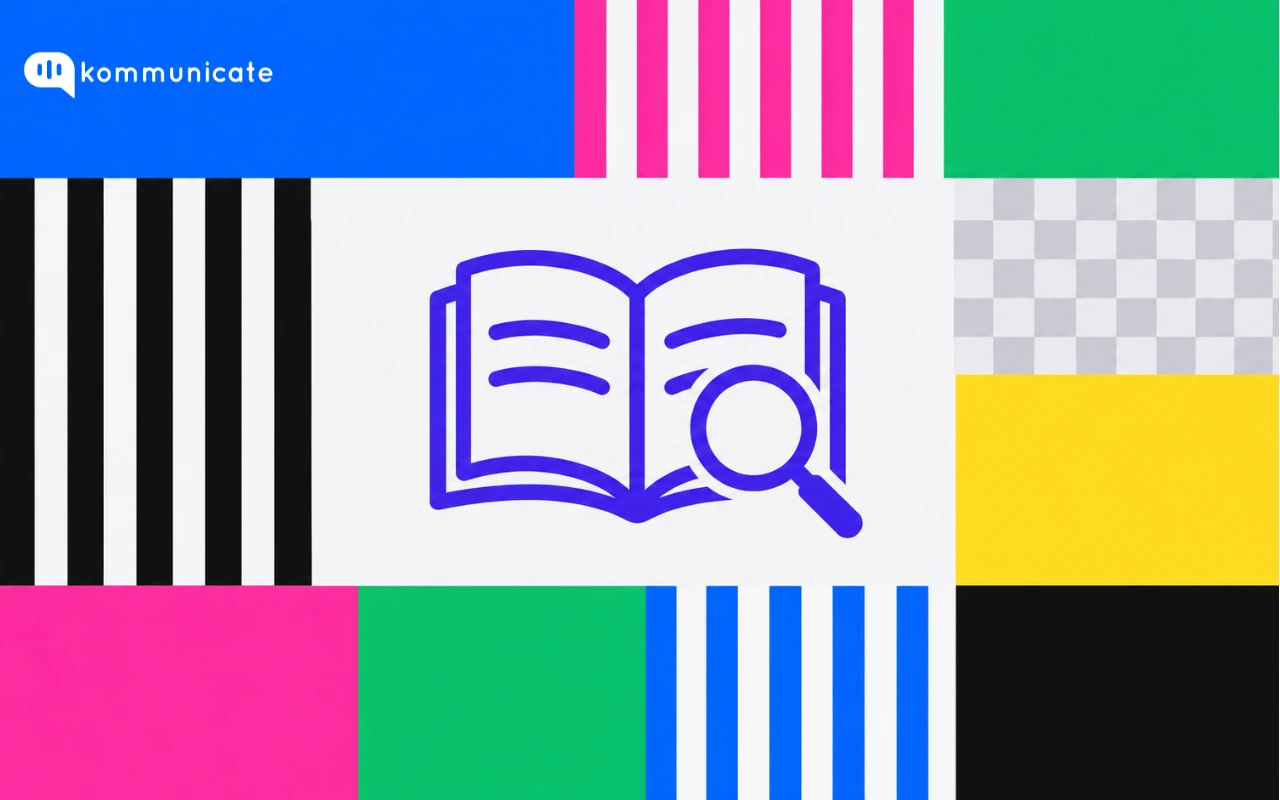 Flat-vector cover graphic for Kommunicate's 'What is a Knowledge Base?' article, showing an open book with a magnifying glass icon in indigo surrounded by a mosaic of blue, pink, green, yellow, and black color blocks and stripes.
