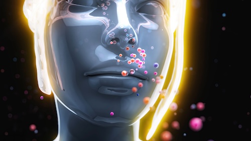 Ilustración de exosomas actuando en la regeneración celular de la piel facial