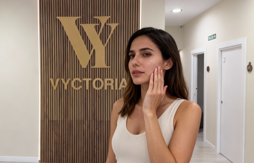 Mujer acudiendo a Clínica Vyctoria Logroño para valoración de cuidado facial tras excesos navideños