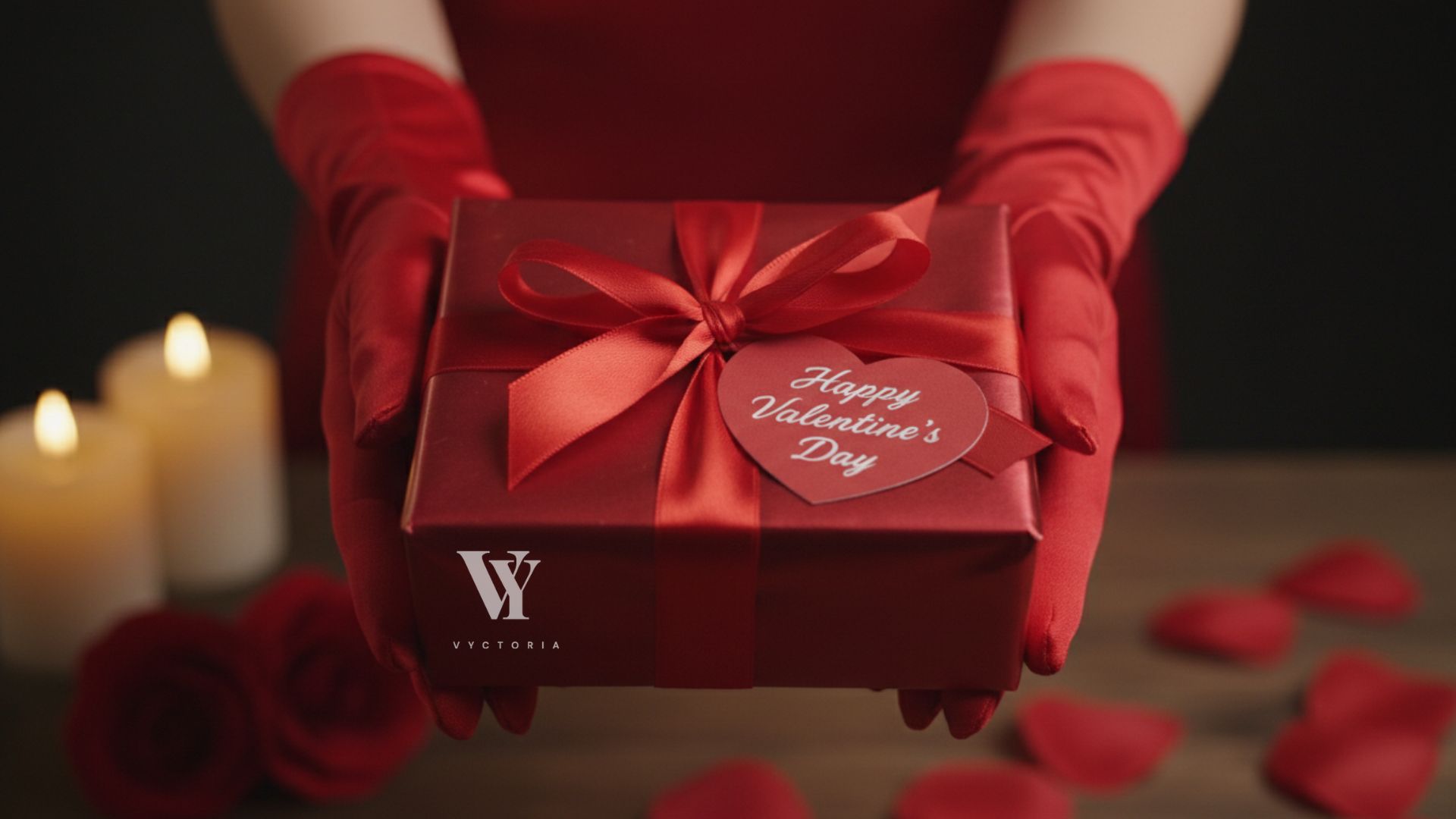 Manos sosteniendo caja regalo roja San Valentín Vyctoria con velas y rosas de fondo