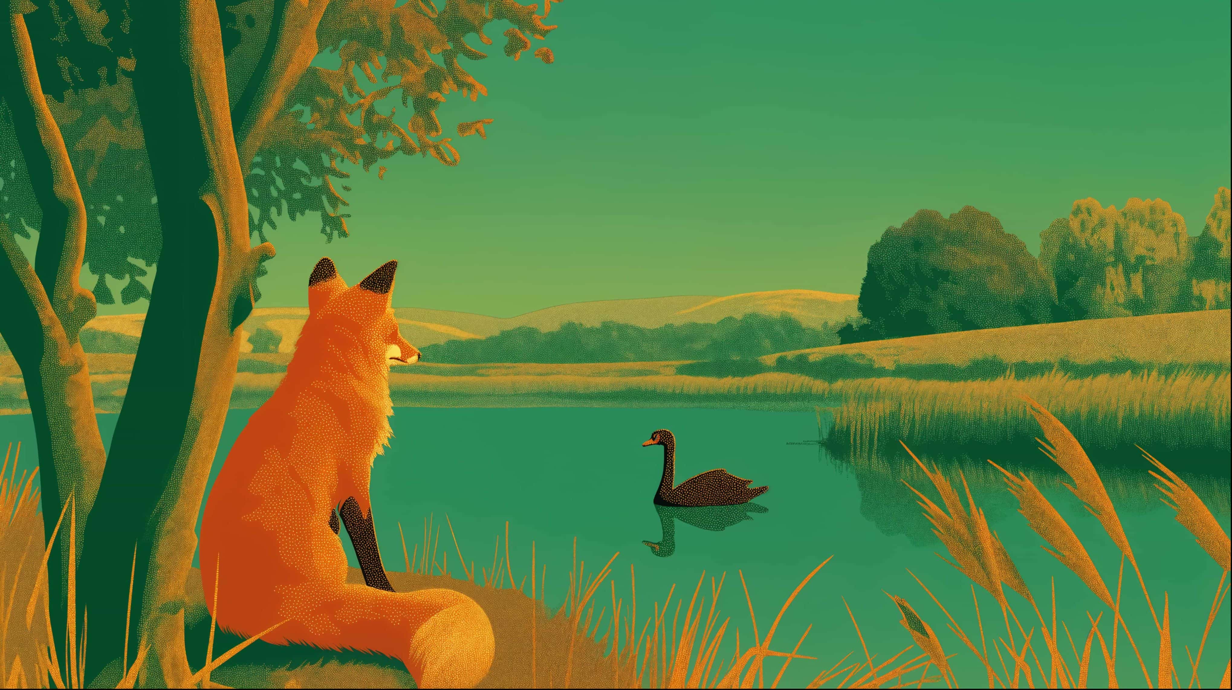 fox looking at black swan