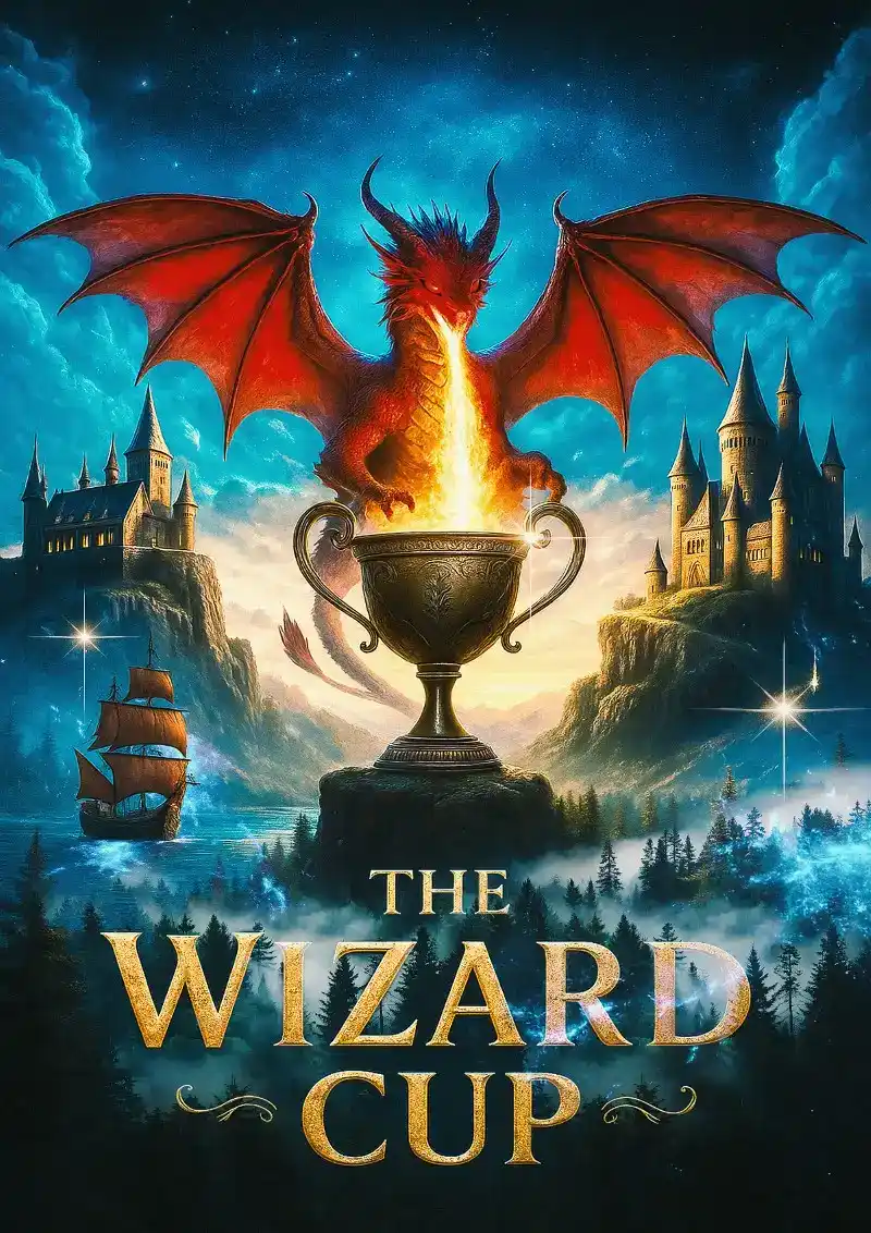A magical arena with glowing wands and spell books for The Wizard Cup Escape Room