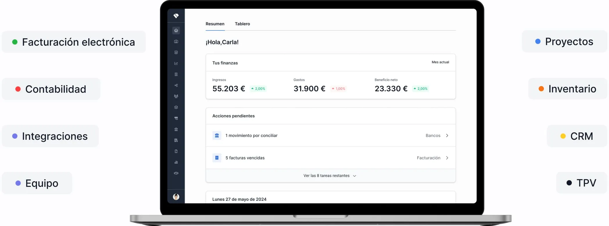 Gráfico de las funcionalidades de Holded alrededor de un ordenador
