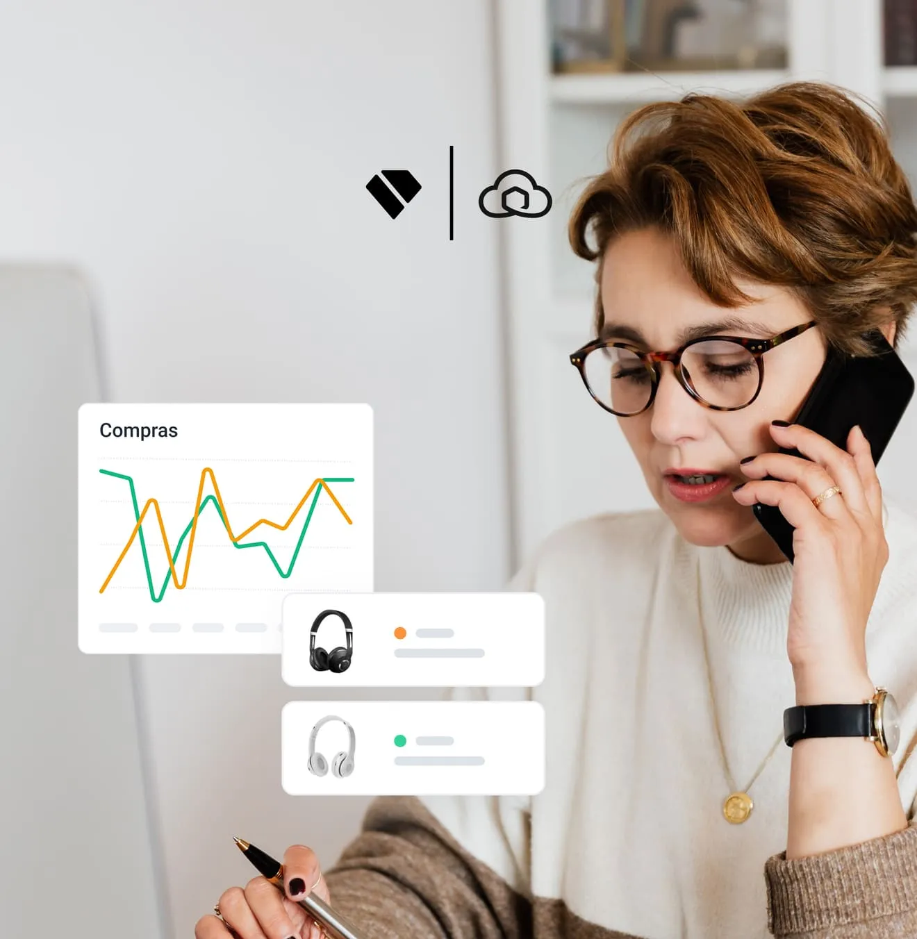 Mujer hablando por teléfono con los logos de Holded y Sendcloud