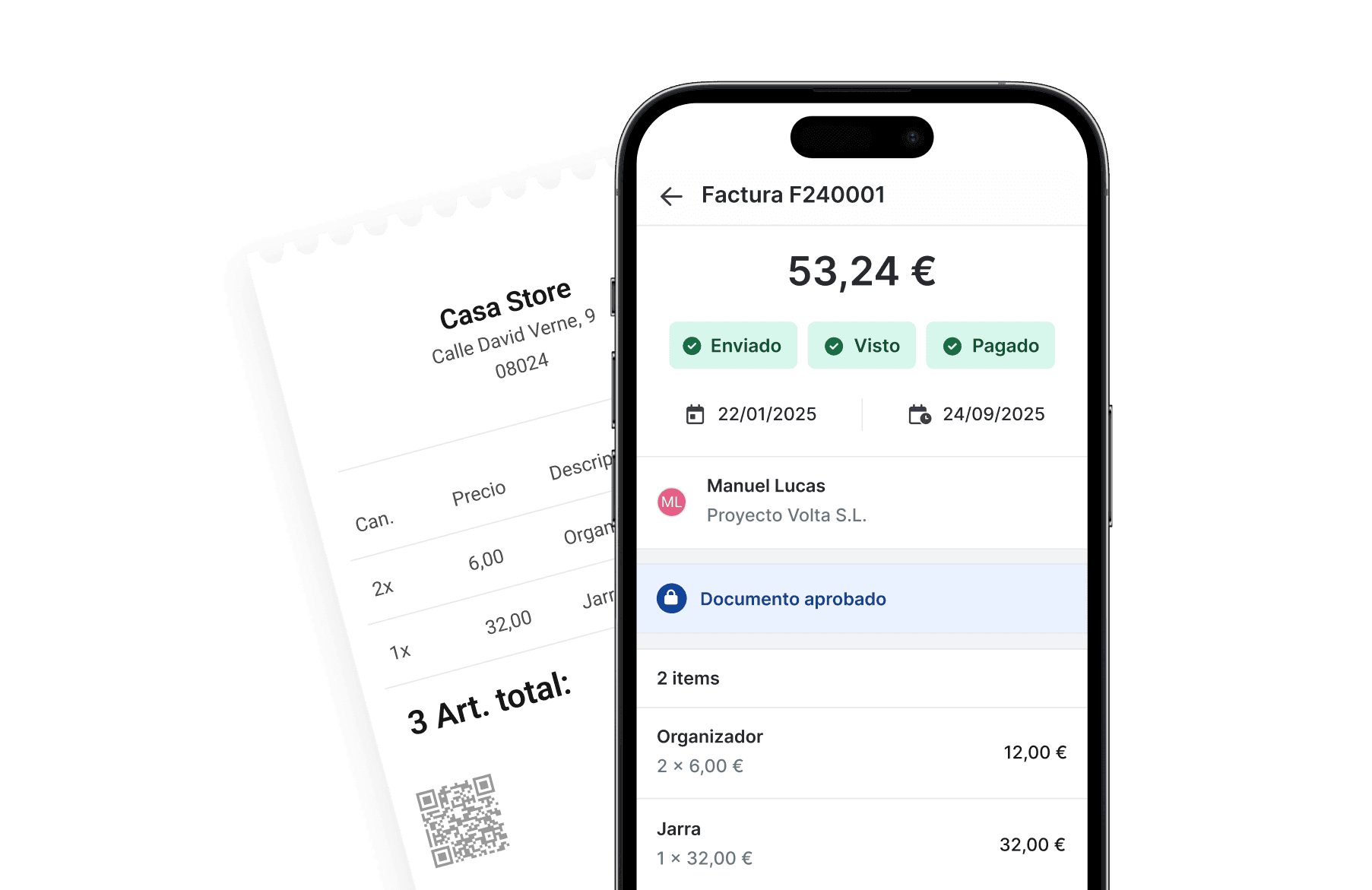 Pantalla del móvil mostrado una factura y un ticket
