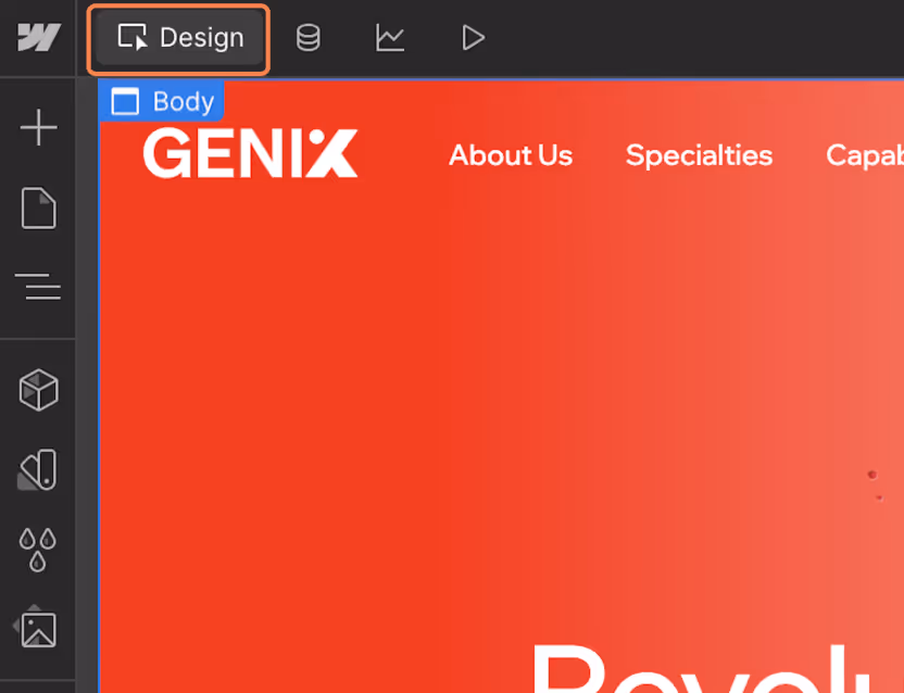 Webflow interface highlighting the 'Design' mode button. Ensure you are in Design mode before editing a Webflow template.